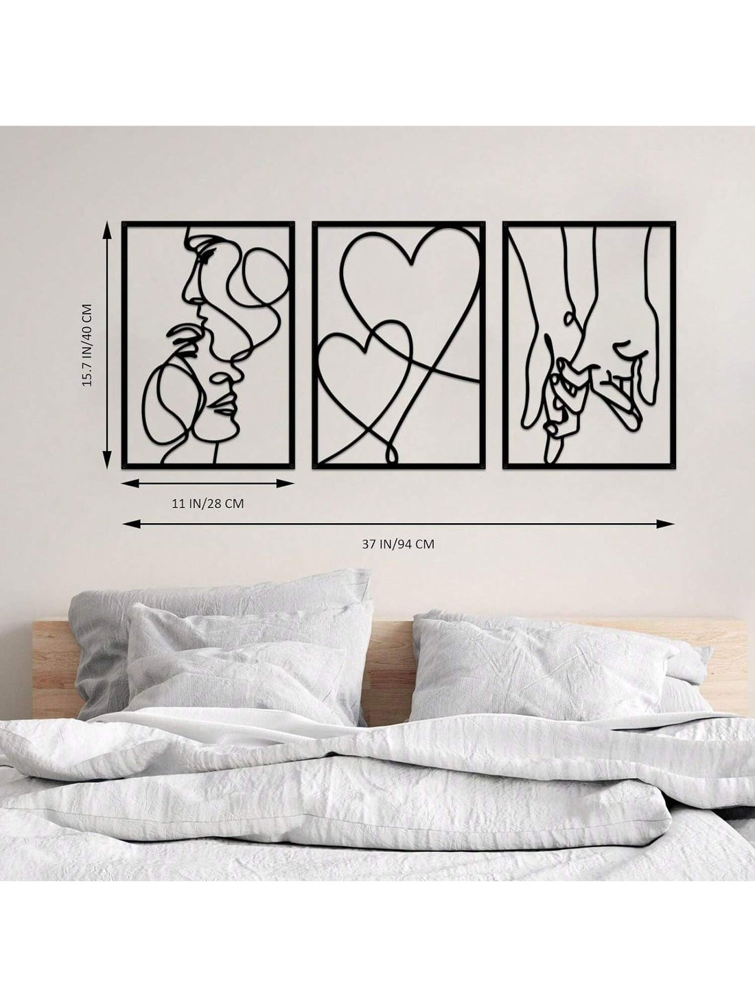 Add a touch of romance to your space with this 3-piece metal line painting set. Featuring sleek, intertwined designs, it’s made for couples who want to celebrate their bond every day. Ideal for Valentine's Day or simply brightening up your home, these lightweight metal artworks bring playful elegance and love to your walls. Easy to hang and designed to complement any décor, they’re the perfect reminder that love is always in the air.