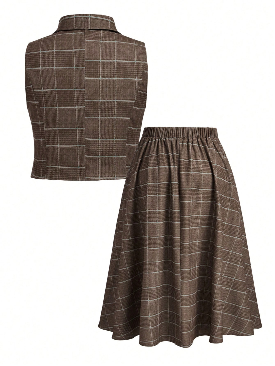 Strut your stuff in this fabulous plaid two-piece that's giving timeless elegance with a modern twist! The sleeveless button-front top pairs perfectly with a coordinating skirt, creating an effortlessly chic ensemble that works from brunch to dinner. Designed for the confident plus-size fashionista, this set celebrates curves while keeping you comfortable and stylish. The classic plaid print adds personality without overwhelming your look, making it a versatile wardrobe essential that transitions seamlessly