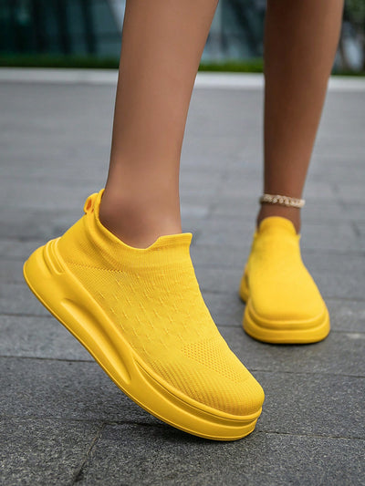 Chic and Comfy: Women's Solid Color Knit Slip-On Casual Shoes with Thick Sole