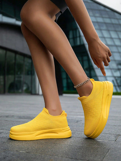 Chic and Comfy: Women's Solid Color Knit Slip-On Casual Shoes with Thick Sole