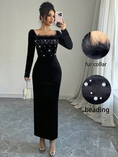 Chic Pearl-Embellished Angora Velvet Bodycon Dress with Furry Trim and Square Neck