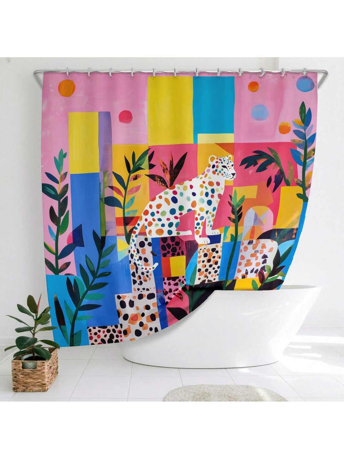 Experience the ultimate shower bliss with our Dopamine Dream shower curtain! Boasting a playful combination of geometric polka dots and fierce leopard print, this waterproof curtain is sure to add a bold and quirky touch to your bathroom. Plus, with 12 hooks included, installation is a breeze. Happiness and style await you with Dopamine Dream!
