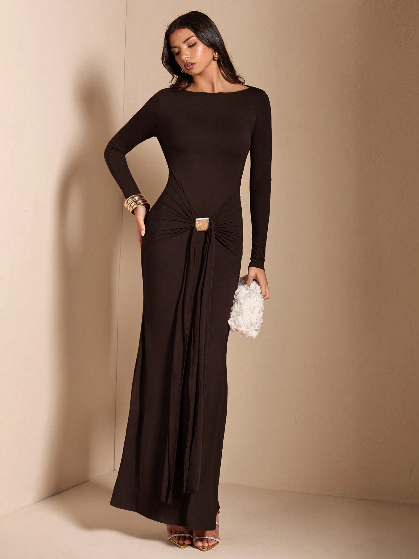 Elegant Brown Fishtail Midi Dress with Long Sleeves for Autumn-Winter – Canary Houze