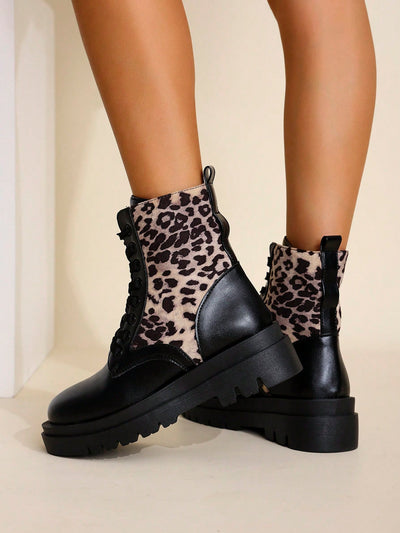 Chic Leopard Patchwork Mid-Calf Platform Boots – Stylish British-Inspired Footwear