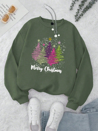 Festive Fleece: Glitter Letter Print Christmas Tree Sweatshirt for Women