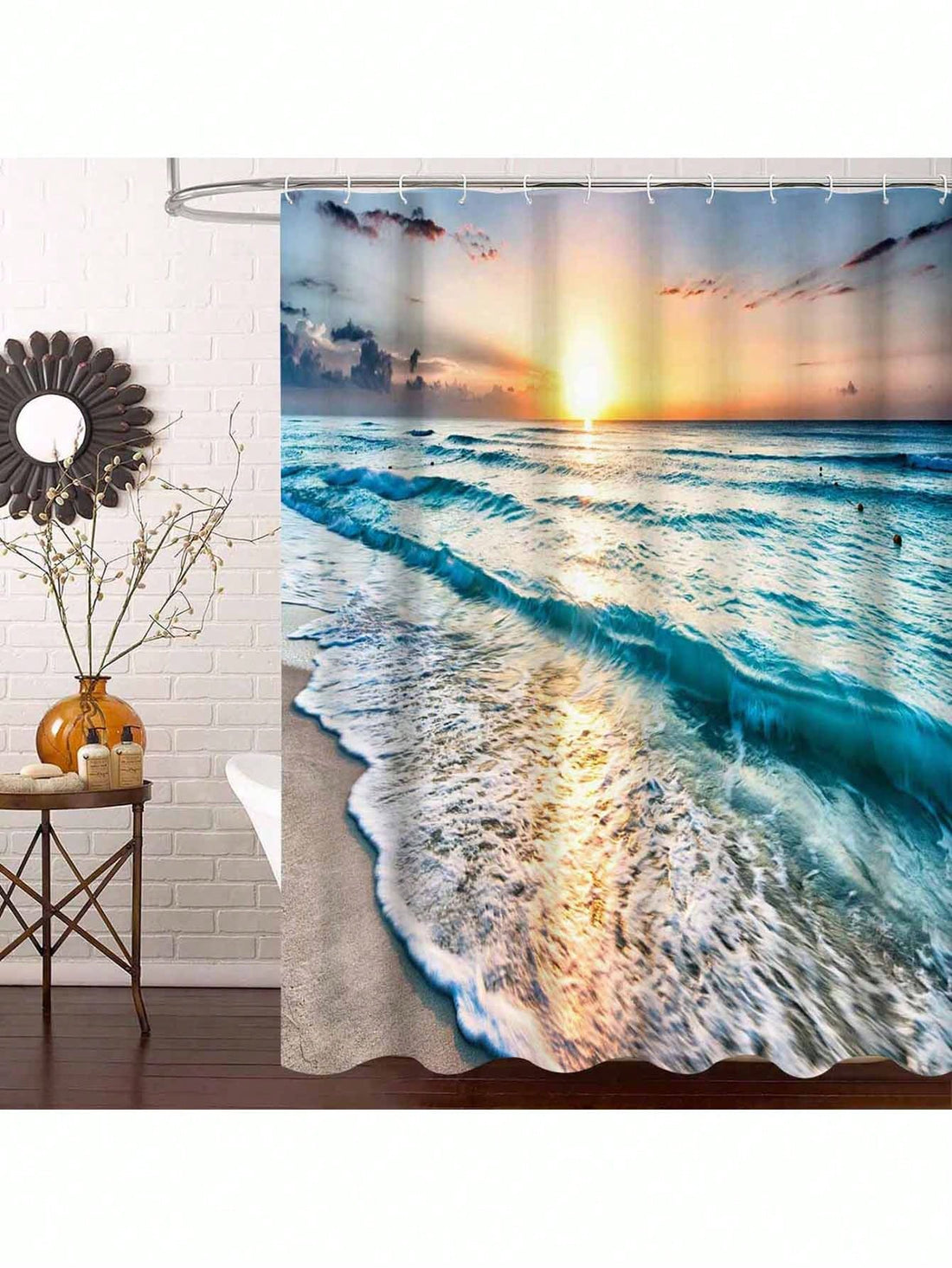 Say goodbye to boring bathrooms with Ocean Breeze! Our waterproof shower curtain features a stylish sea wave pattern and comes with hooks for easy hanging. Add a touch of playfulness to your bathroom decor with this quirky and functional curtain. (Bathroom break just got more fun!)