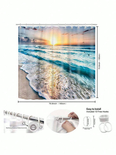 Ocean Breeze: Waterproof Sea Wave Pattern Shower Curtain with Hooks for Stylish Bathroom Décor