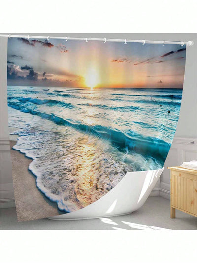 Ocean Breeze: Waterproof Sea Wave Pattern Shower Curtain with Hooks for Stylish Bathroom Décor