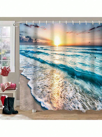 Ocean Breeze: Waterproof Sea Wave Pattern Shower Curtain with Hooks for Stylish Bathroom Décor