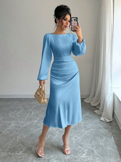 Elegant Autumn Pleated Lantern Sleeve Dress with Gathered Waist – Perfect Casual Style