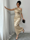 Chic Iridescent Cinched Waist Asymmetric Neck Dress for Elegant Women