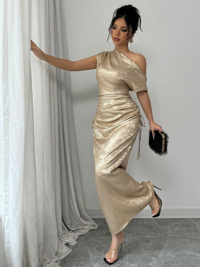 Chic Iridescent Cinched Waist Asymmetric Neck Dress for Elegant Women