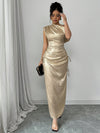 Chic Iridescent Cinched Waist Asymmetric Neck Dress for Elegant Women