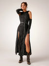 Apocalyptic Glam: Gray Knitted High-Slit Dress with Drawstring Hood for Ultimate Fall-Winter Vibes