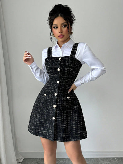 Chic & Comfortable: Women's Wide Strap Plaid Midi Dress with Button Details and Pockets