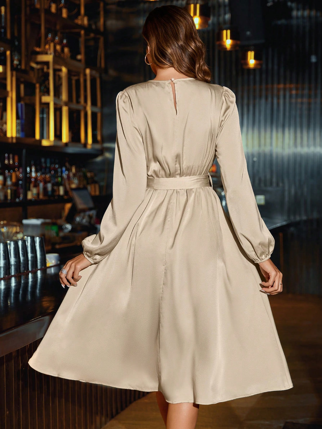 Elegant Floral Print Ruched Neck Long Sleeve Dress for Women