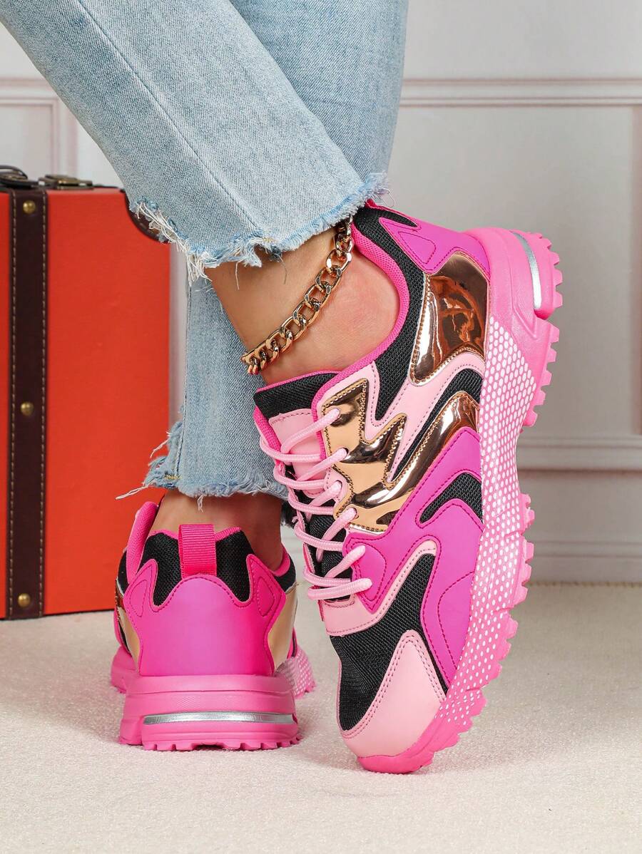 pink mesh chunky sneakers image 1 showing visible mesh, laces, color, sole, toe, heel, or sneaker construction details