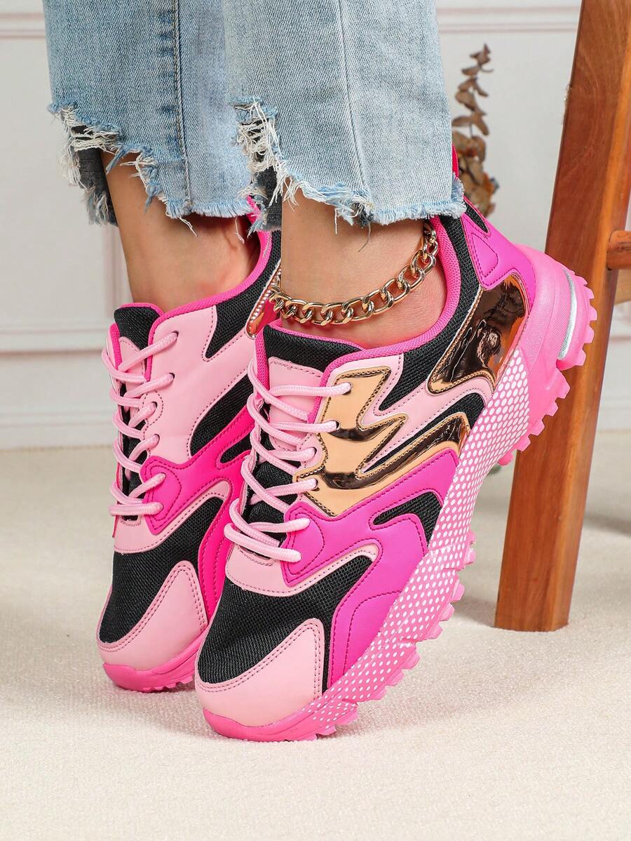pink mesh chunky sneakers image 2 showing visible mesh, laces, color, sole, toe, heel, or sneaker construction details