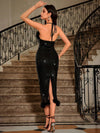 Chic Petite Furry Sequin Halterneck Dress for Elegant Holiday Celebrations