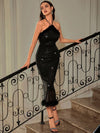 Chic Petite Furry Sequin Halterneck Dress for Elegant Holiday Celebrations