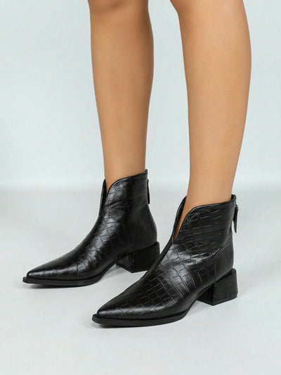 Chic Autumn-Winter Chunky Heel Pointed Toe Ankle Boots with Back Zipper