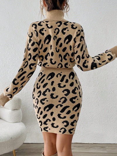 Chic Leopard Print Turtleneck Bodycon Sweater Dress for Autumn & Winter