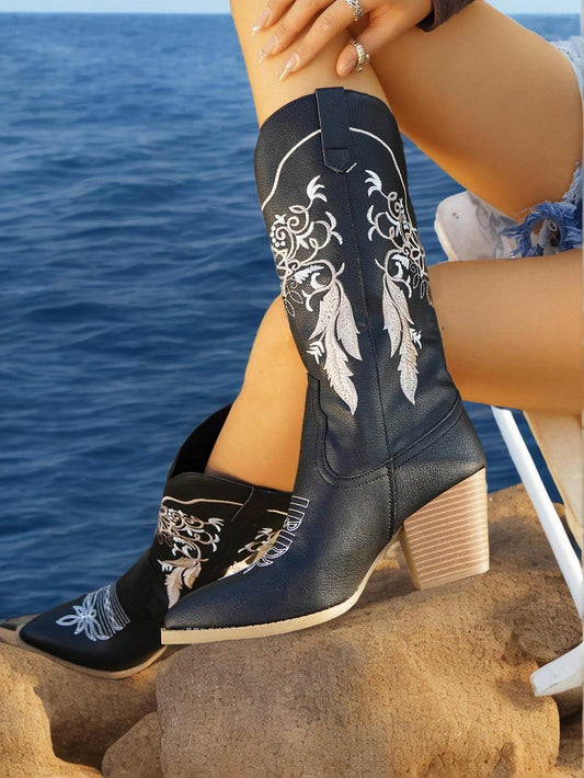 Chic Country Western Embroidered Tall Boots with Chunky Heel