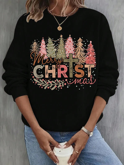 Cozy Christmas Cheer: Women's Trendy Tree Print Sweatshirt