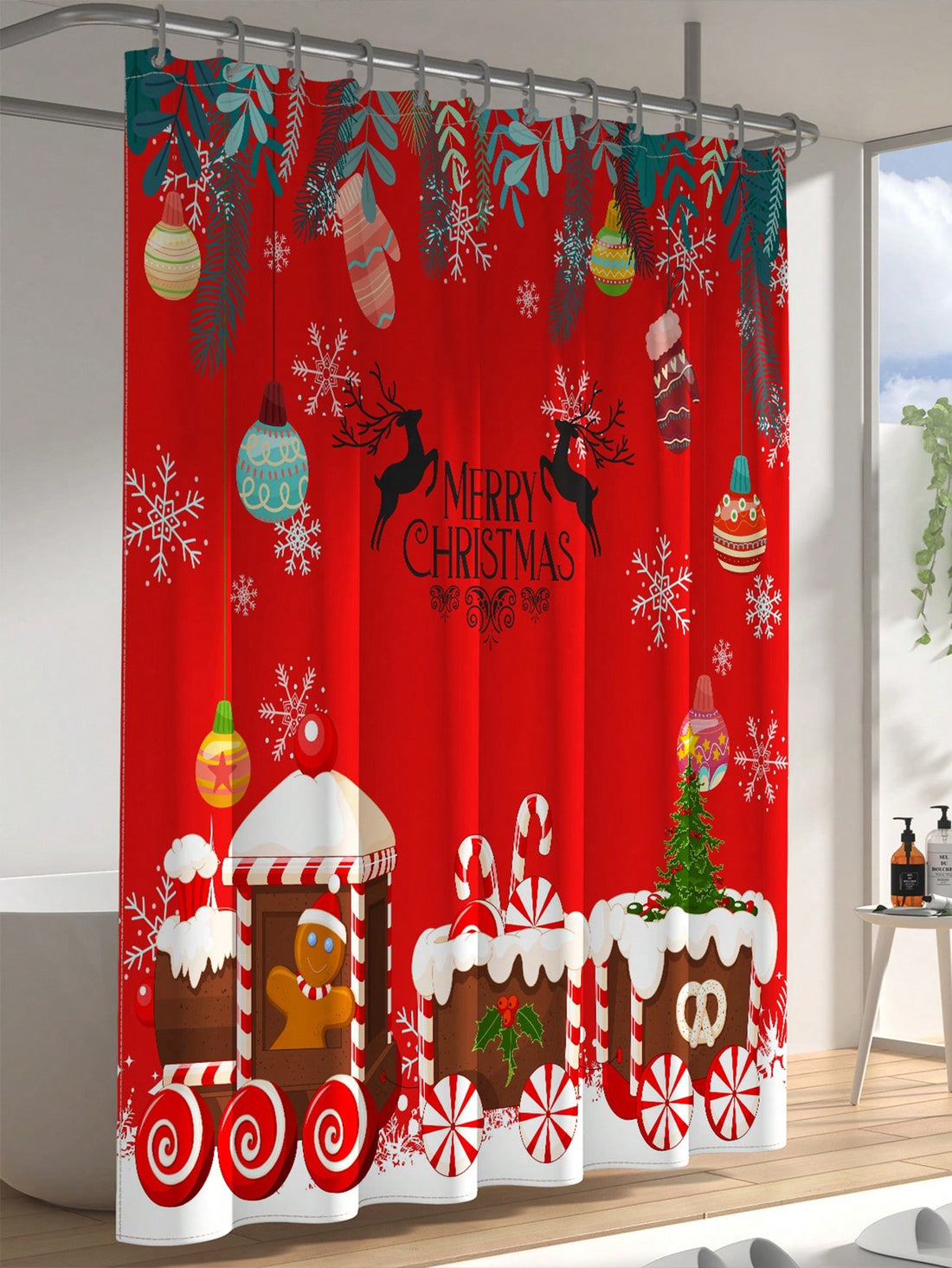 Get in the holiday spirit with our Festive Cheer shower curtain. Designed with a merry red color, an adorable snowing train pattern, and hooks included for easy installation. Add a touch of holiday cheer to your bathroom and make your showers a little more festive!