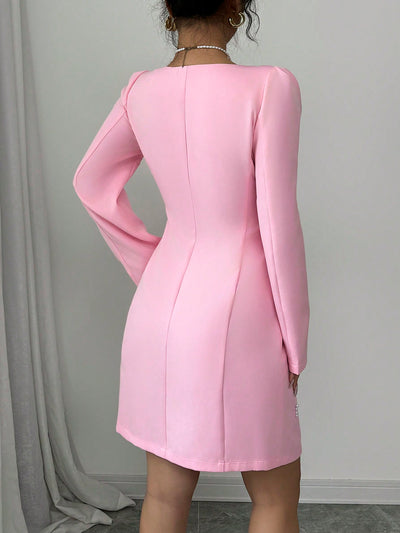 Chic Elegance: Elenzya Square Neck Puff Sleeve Pearl-Embellished Pink Dress