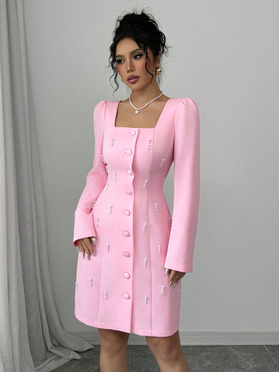 Chic Elegance: Elenzya Square Neck Puff Sleeve Pearl-Embellished Pink Dress