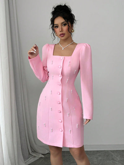 Chic Elegance: Elenzya Square Neck Puff Sleeve Pearl-Embellished Pink Dress