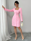 Chic Elegance: Elenzya Square Neck Puff Sleeve Pearl-Embellished Pink Dress