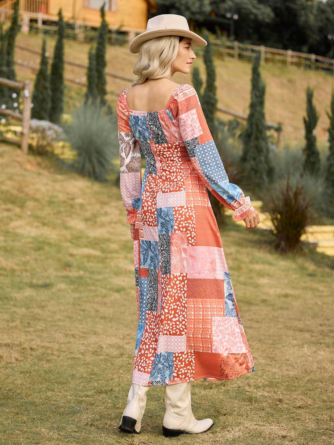 This dress may look like a patchwork quilt at first glance, but it's actually a chic and playful maxi dress perfect for effortless vacation style. With its unique print and flowy fit, you'll be sure to turn heads and feel comfortable all day. Perfect for your next beach getaway!