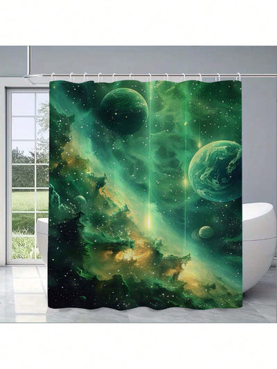 Serene Green Sky Printed Waterproof Satin Shower Curtain – Stylish Bathroom Decor