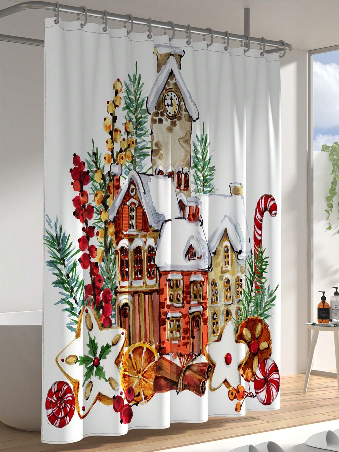 Spread the holiday cheer in your bathroom with our Festive Merry Christmas Waterproof Shower Curtain Set! With a playful design and durable construction, this 71x71 inch set comes with hooks for easy installation. Time to turn your bathtub into a winter wonderland!