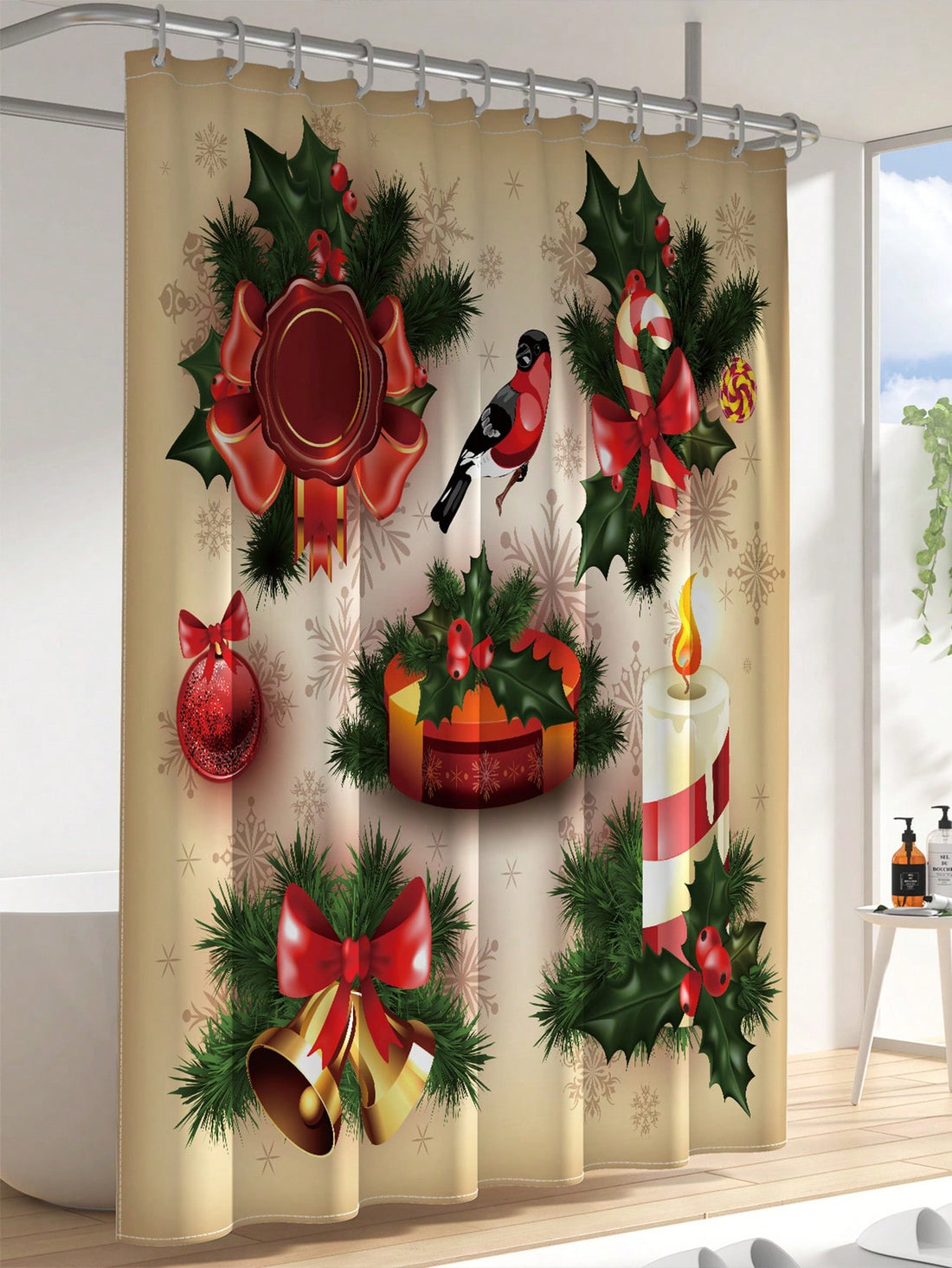 Add some festive cheer to your bathroom with this Merry Christmas shower curtain! Made of waterproof material and measuring 71x71 inches, it's a perfect way to keep your bathroom dry while adding some holiday spirit. Comes with hooks for easy installation.