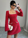 Elegant Solid Color Patchwork Embroidery Square Neck Dress for Women