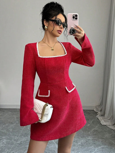 Elegant Solid Color Patchwork Embroidery Square Neck Dress for Women