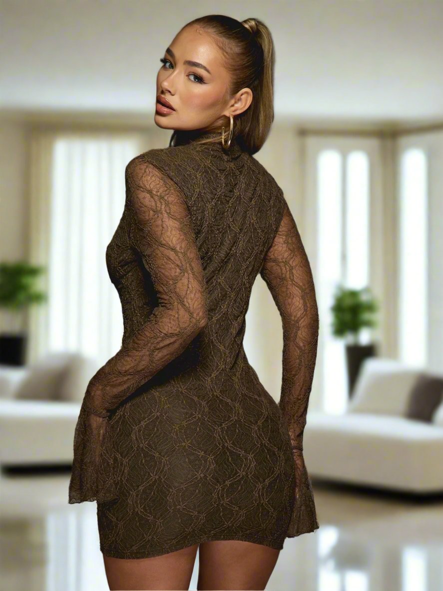 Get ready to turn heads in our Elegant Textured Sheer Cut-Out High Neck Bodycon Mini Dress! This stunning dress features delicate cut-outs and elegant bell sleeves, adding a touch of sophistication to your wardrobe. Perfect for a night out, this dress hugs your curves and is sure to make a statement.