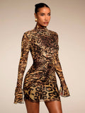 Brown leopard tiger print sheer mesh high neck mini dress front view