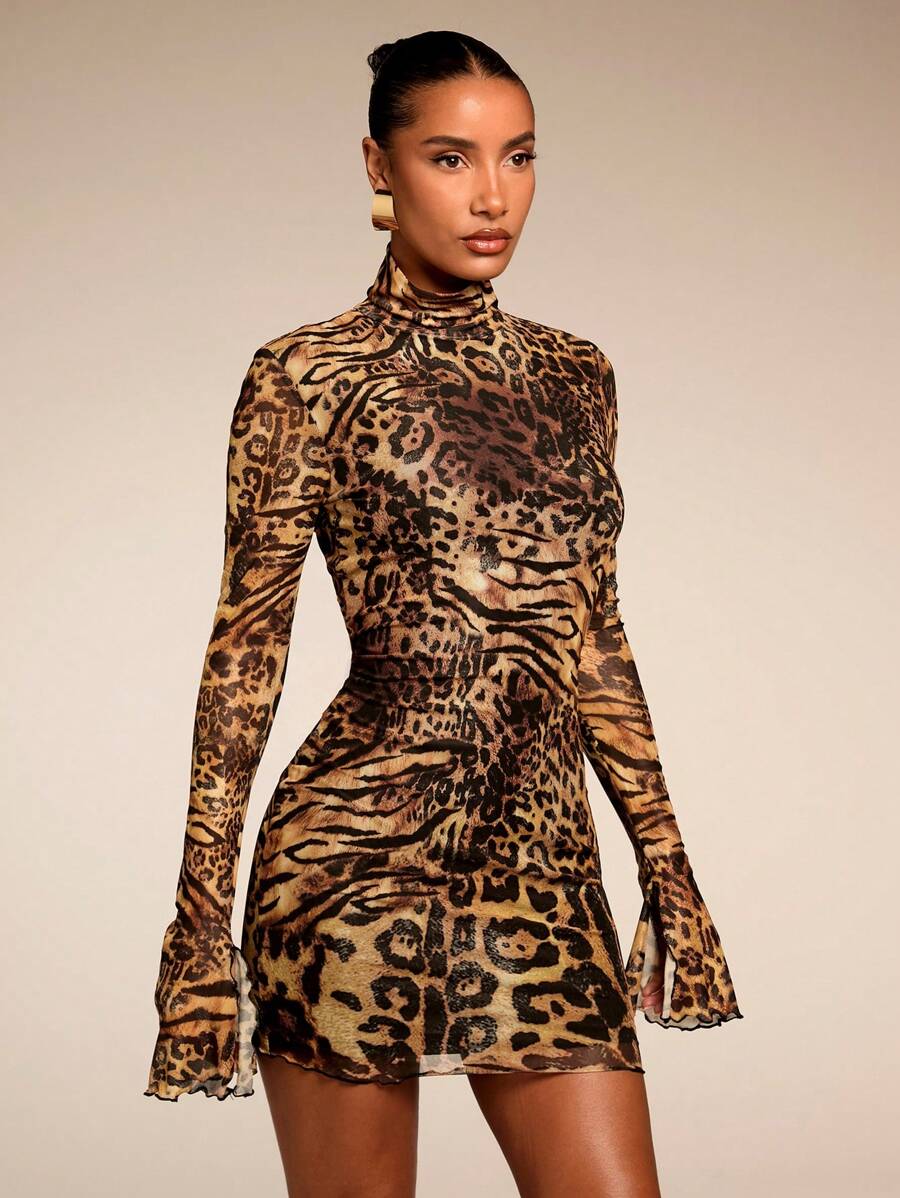 Brown leopard tiger print sheer mesh high neck mini dress front view