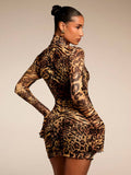 Brown leopard tiger print sheer mesh high neck mini dress back view