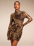 Brown leopard tiger print sheer mesh high neck mini dress angled front view