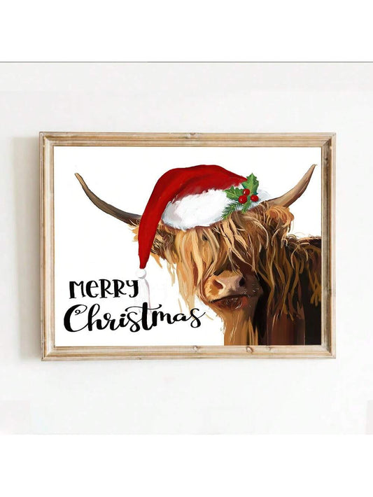 Festive Highland Cow Wall Art – Vintage Santa Hat Canvas for Charming Home Décor