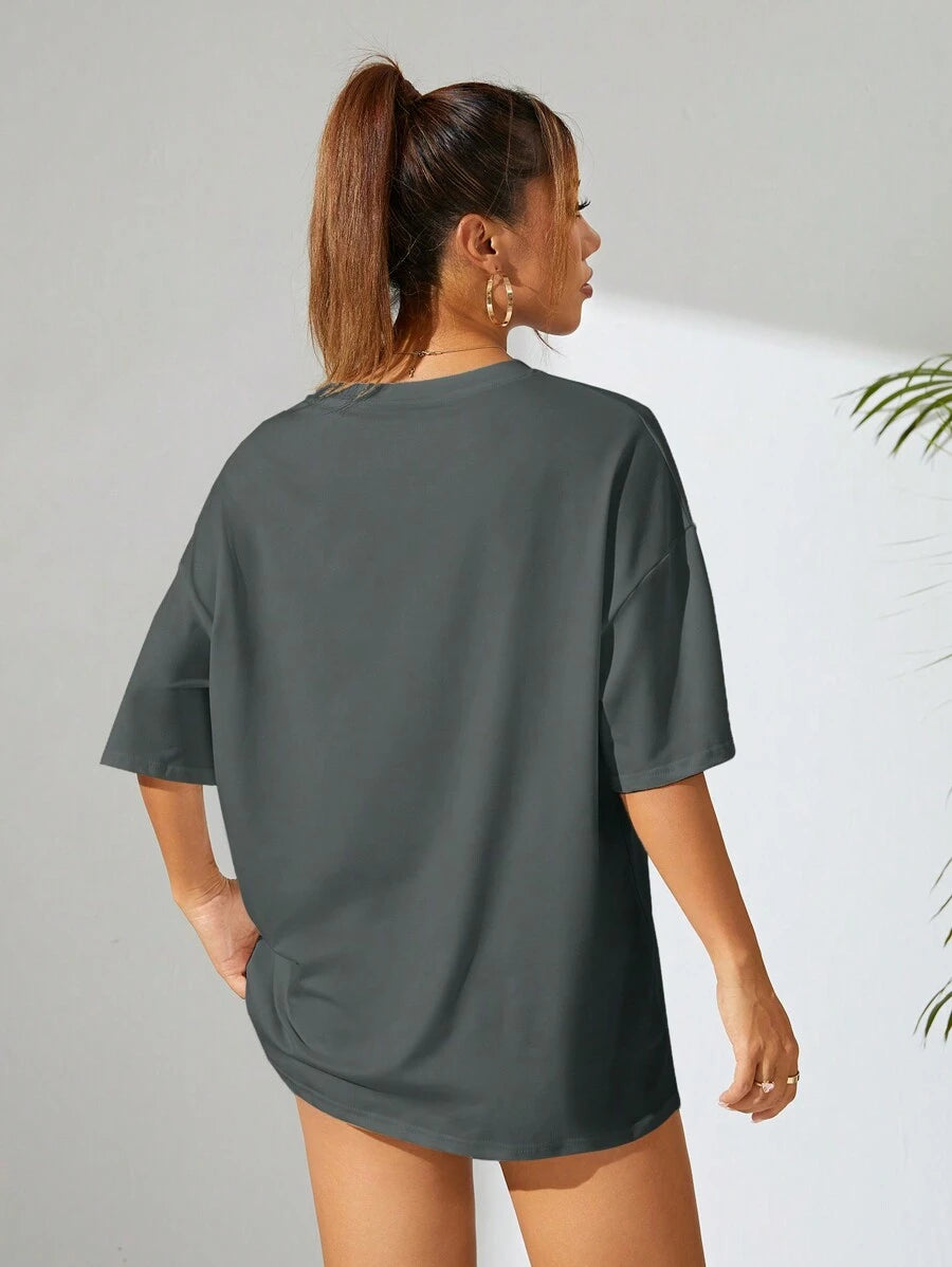 Image 1 - front view of Summer Floral Print Drop Shoulder T-Shirt for Women - Casual Round Neck Style