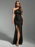 one-shoulder formal evening gown with asymmetric sequin bodice, smooth floor-length skirt, fitted mermaid column silhouette, ruched waist and hip, wrap front overlay and high thigh slit in multiple colors image 29