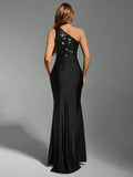 one-shoulder formal evening gown with asymmetric sequin bodice, smooth floor-length skirt, fitted mermaid column silhouette, ruched waist and hip, wrap front overlay and high thigh slit in multiple colors image 30