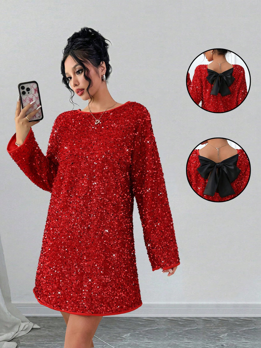 Get ready to shine at any festive occasion with our Sparkling Elegance: Sequin Bow Mini Dress! Covered in glittering sequins and adorned with a playful bow, this dress will make you the center of attention. Perfect for adding a touch of fun and glamour to any celebration.