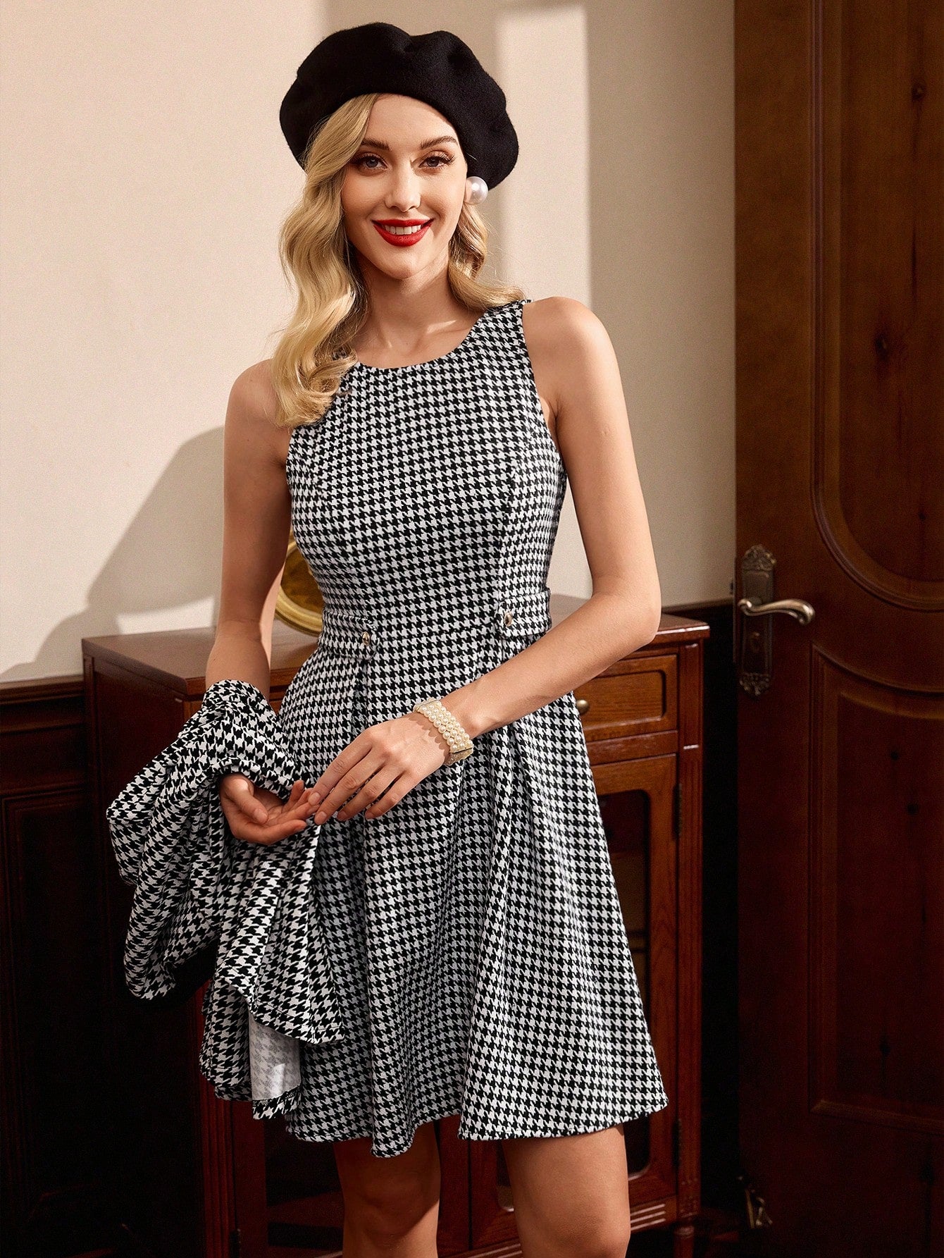 vintage houndstooth dress Y2K Fairy Hem Midi it ensures warmth during chilly days Raboolion Women's Sleeveless Square Neck